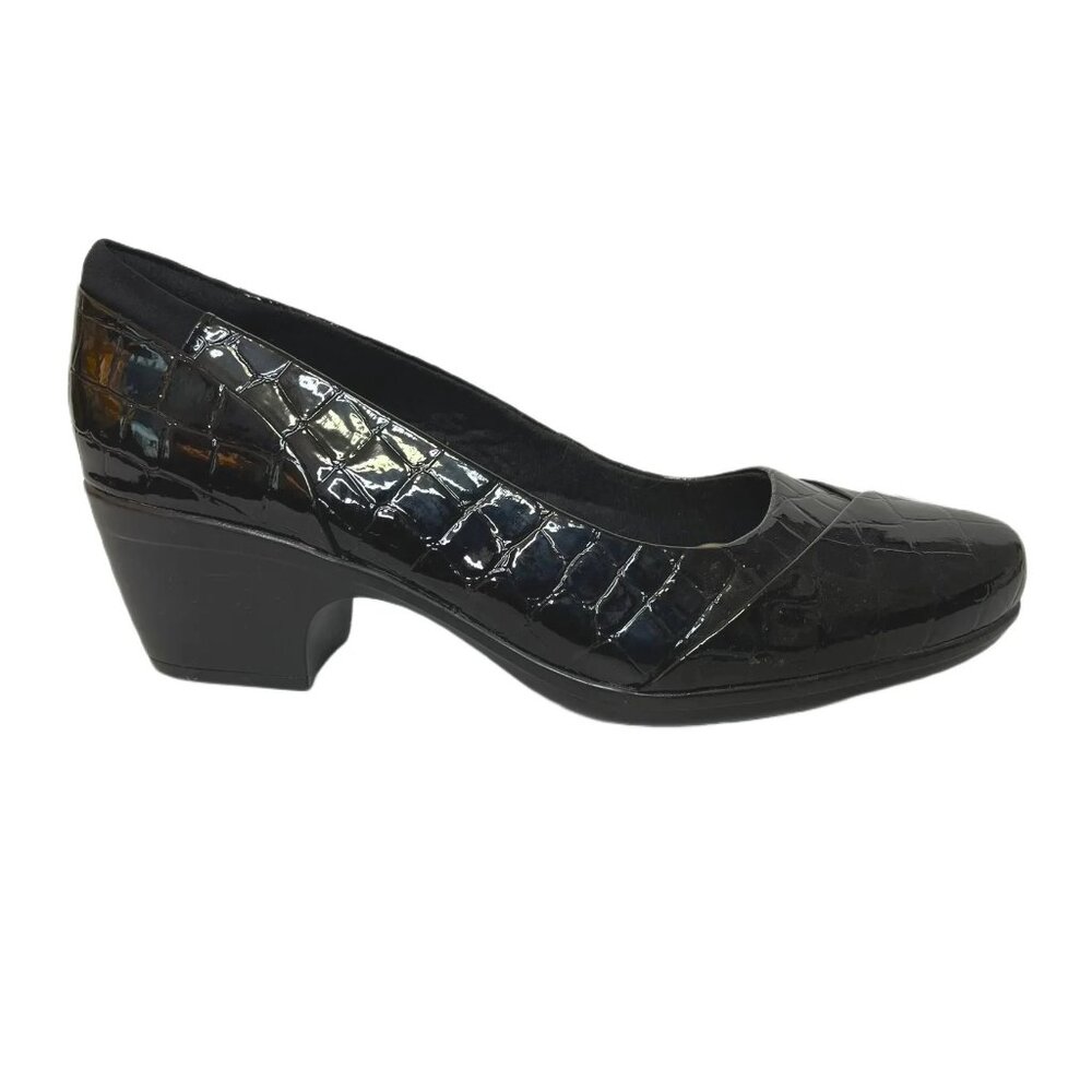 Clarks Emily Alexa Black Patent Leather Croc Embossed Pump